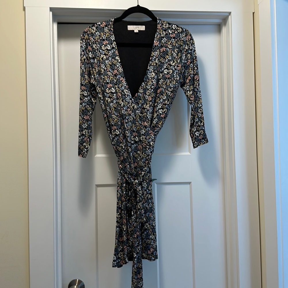 Loft wrap dress, blue floral, size s